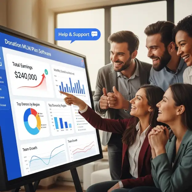 unilevel mlm software plan discussion by a team in an office