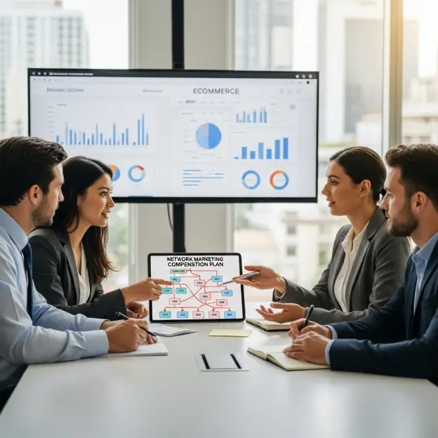 unilevel mlm software plan discussion by a team in an office